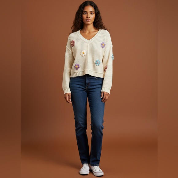 POL Sweaters - POL oversized chunky knit cream floral V-neck sweater colorful 3D crochet flower